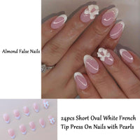 EONFAVE 24pcs Short Oval White French Tip Press On Nails with Pearls - Almond False Nails - Strong Fake Nails with Glue on Nails for Women - Short Stick on Nails French Tip - Full Cover Nail Tips