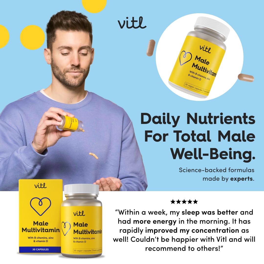 VITL Vitl Male Multivitamin & Minerals Supplement - 30 Vegan Capsules - 20 Essential Nutrients Including B Vitamins, Zinc, Vitamin D & Plant Extracts - Support Overall Male Wellbeing - 1 Month Supply