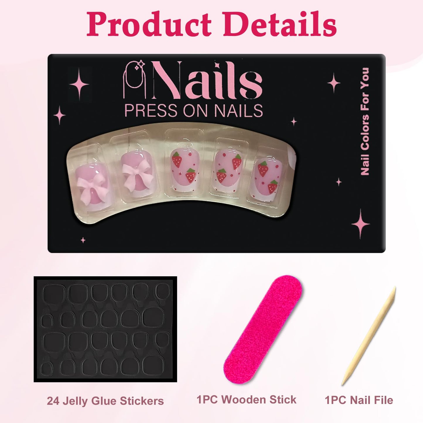 Viugex 24Pcs Short Square False Nails, French White Tip Fake Nails, 3D Pink Bow & Strawberry Design Press on Nails, Acrylic Full Cover Stick on Nail for Women Girls, Natural & Reusable, Easy to Apply