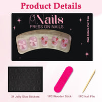 Viugex 24Pcs Short Square False Nails, French White Tip Fake Nails, 3D Pink Bow & Strawberry Design Press on Nails, Acrylic Full Cover Stick on Nail for Women Girls, Natural & Reusable, Easy to Apply