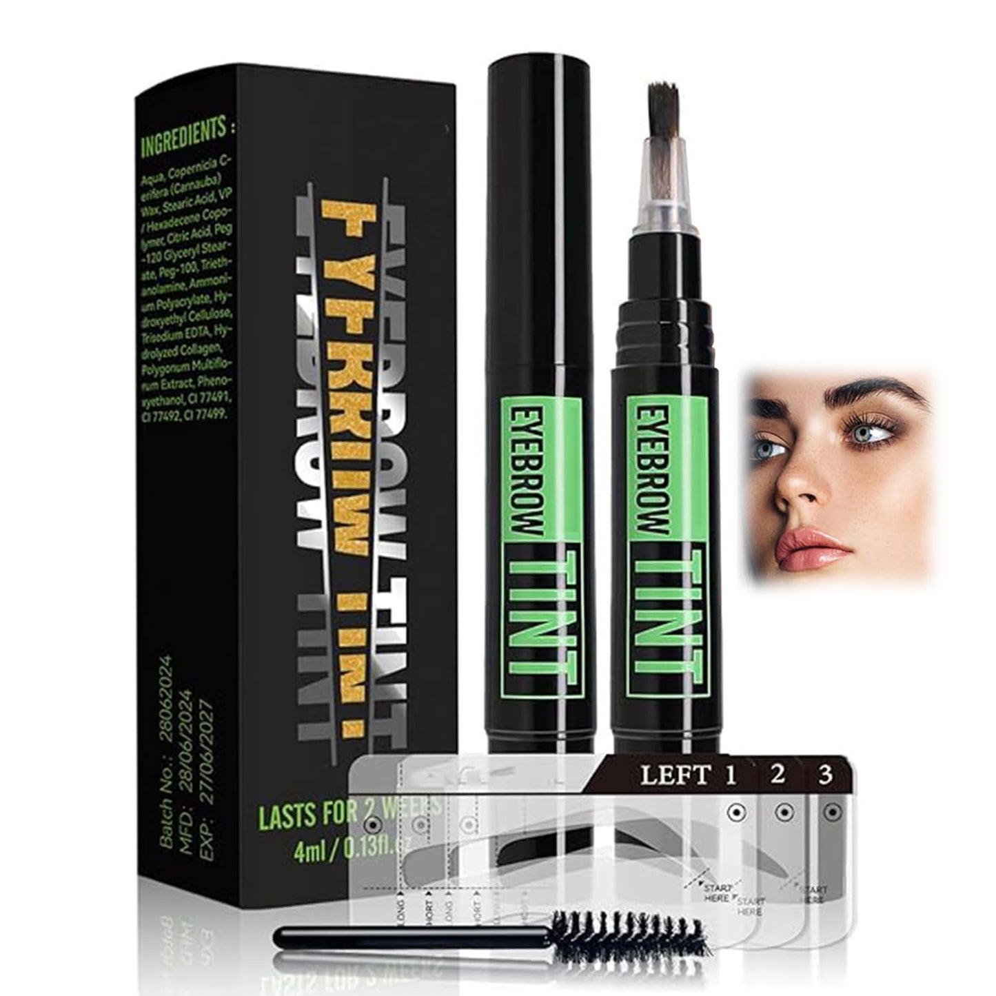 Generic Eyebrow Tint Kit For Long-Lasting Colour Enhancement In Professional Or Daily Makeup Routines - Includes Black Applicator Tubes, Clear Stencils & Spoolie Brush For Defining, Darkening Or Filling