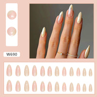 Ceboic 24Pcs Almond French Press on Nails Short, Yellow Glossy Acrylic French Tips Fake Nails, Ballerina False Nails with Waves Designs Full Cover Stick on Nail for Women and Girls