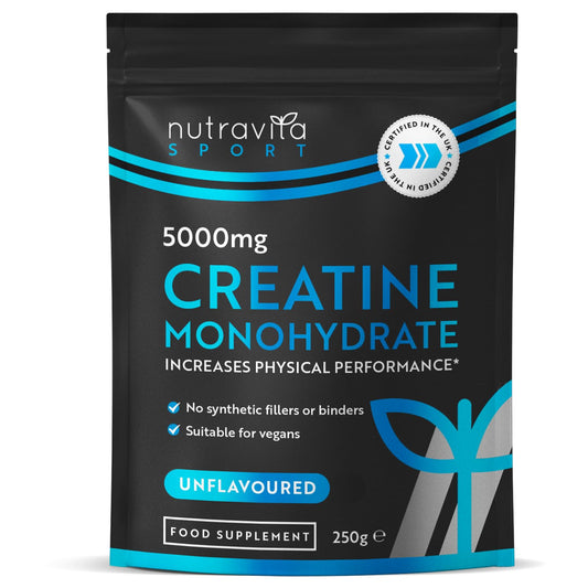 Creatine Monohydrate Powder 5000mg - Micronised for Easy Mixing - For Recovery and Performance - Men and Women Exercise Supplement - 50 Servings - Unflavoured 250g Powder - Made in The UK by Nutravita