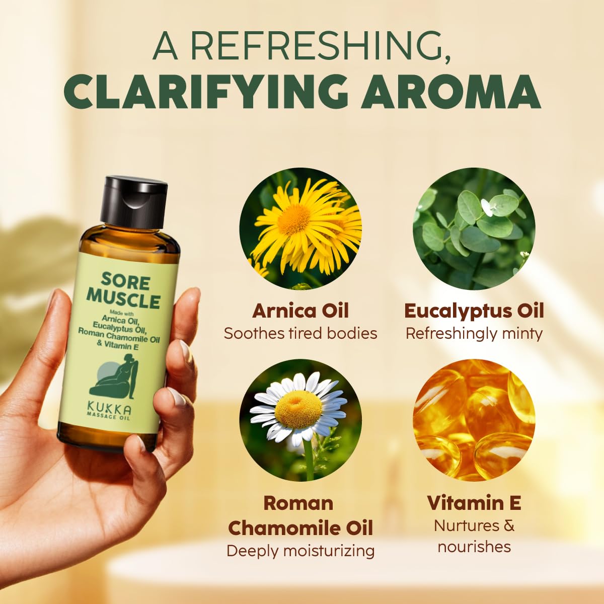 KUKKA essential oils Kukka Sore Muscle Massage Oil for Professional Massages - 100 ml - Made with Eucalyptus & Roman Chamomile, Relaxing Body & Face Oil for Sore Muscles, Spa & Yoga, Fast-Absorbing