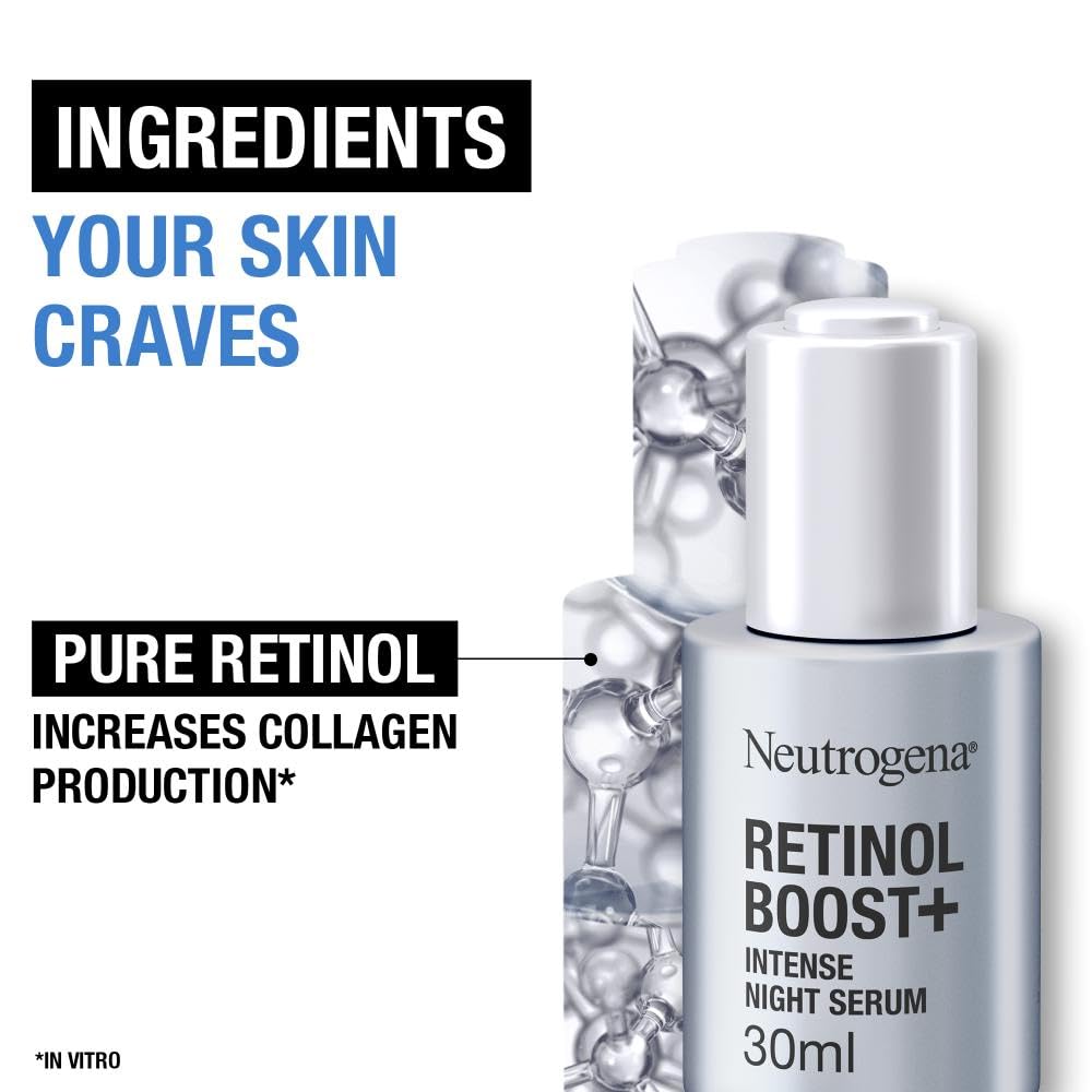 Neutrogena Retinol Boost+ Intense Night Serum (1 x 30ml), Unscented Retinol Serum For Face, Reduces Look of Deep Wrinkles, For Firmer, Younger-Looking Skin