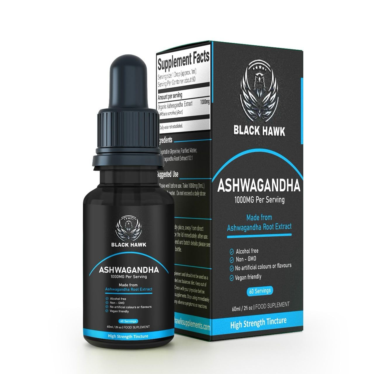 Ashwagandha Liquid 1000mg - 60 Vegan Servings Ashwagandha High Strength Supplement Root Powder Extract - 2 Months Supply - Nootropic - Made in The UK by BLACK HAWK