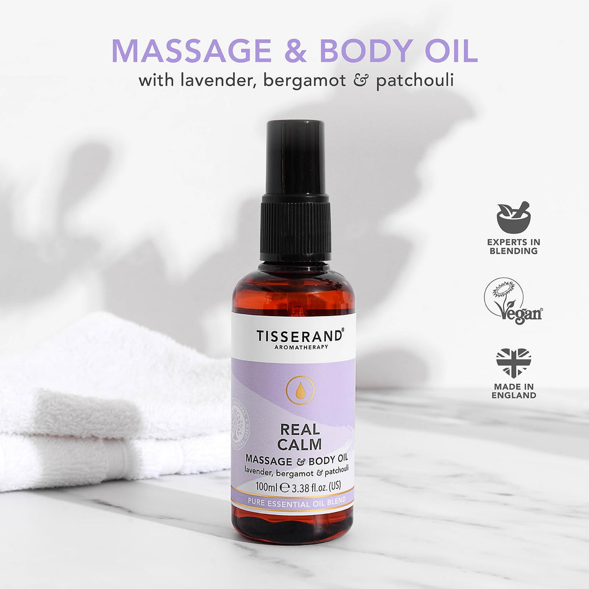 Tisserand - Real Calm Massage & Body Oil - 100% Pure Essential Oil - Lavender, Bergamot, and Patchouli - Calming Aromatherapy - 100ml