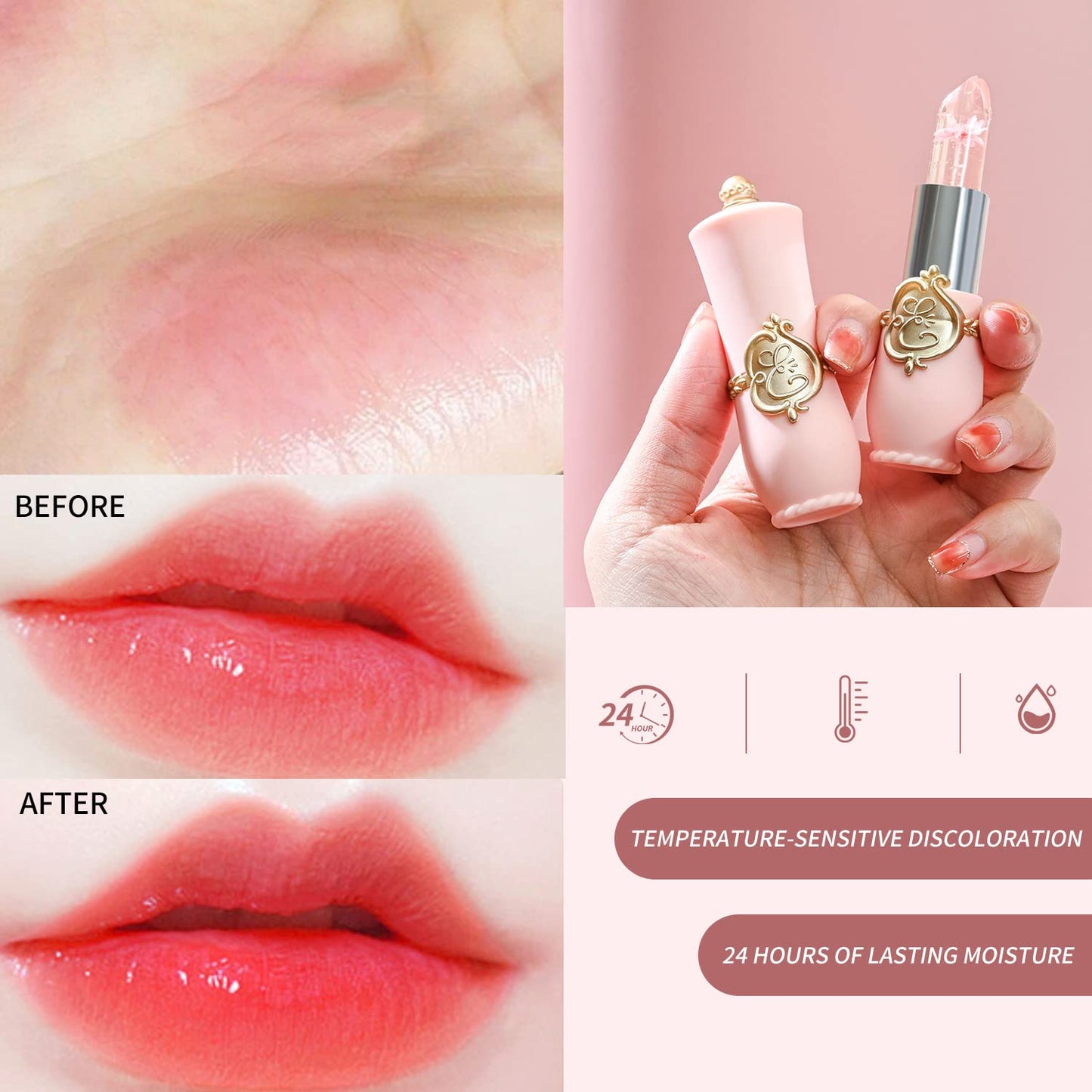 6 Packs Flower Jelly Lipstick Set Magic Temperature Color Change Lip Balm Long Lasting Moisturizer Lip Gloss Flower Jelly Lipstick Makeup Set (Set A)