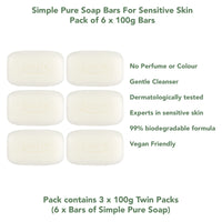 PBW INTERNATIONAL Simple Pure Soap Bars For Sensitive Skin Pack of 6 (6 x 100g) - 3 x Twin Packs