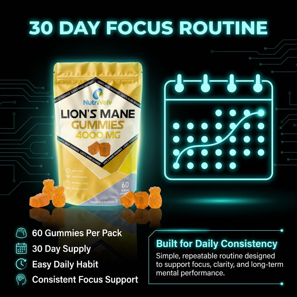 Lions Mane Gummies 4000mg | Super Strength Lion's Mane Supplement | 1 Month Supply | Mushroom Extract | Pineapple Flavour | 60 Vegan Gummies | Sugar Free | Focus, Mental Performance | by NutriVolv