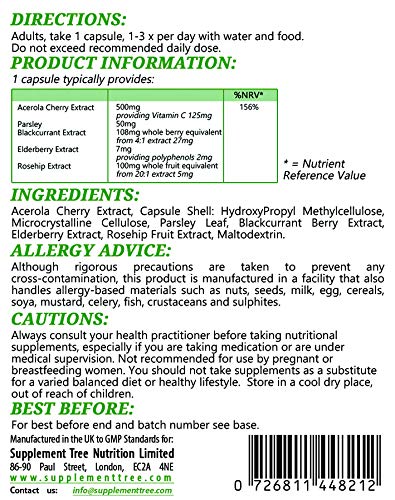 Supplement Tree Vitamin C Food Form 60 Capsules | Natural Ingredients Acerola Cherry, Blackcurrant, Rosehip Extract, Parsley Leaf, Elderberry | Vegans & Vegetarians Friendly