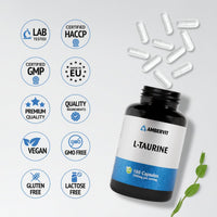 Taurine Supplement 1000mg - 180 Capsules - 3 Months Supply | Vegan L-Taurine, High Dose Amino Acid | No Artificial Fillers & Gluten Free | Ambervit