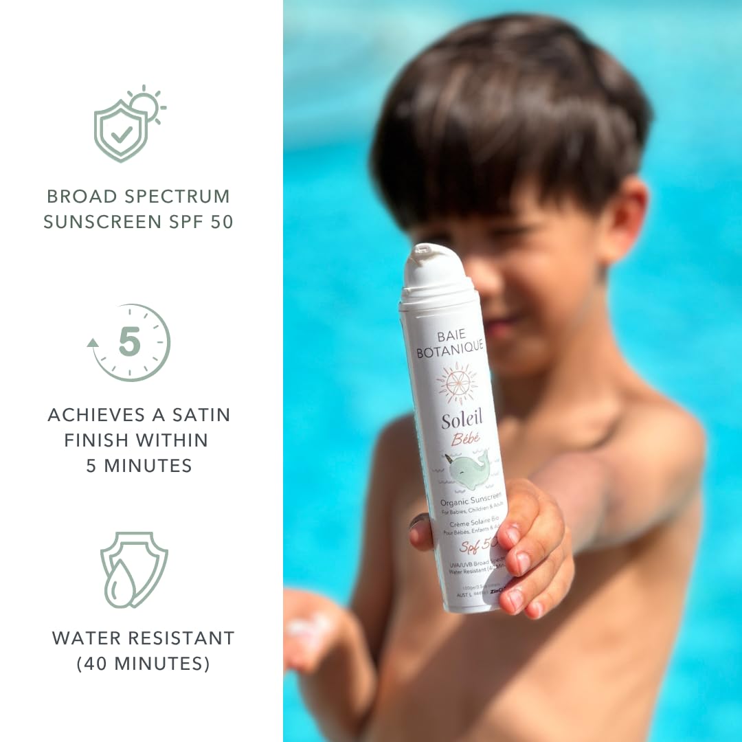 NEW – Baie Botanique Soleil Bébé – Organic Mineral Baby & Children Sunscreen SPF 50 – Non-Nano Zinc Oxide – Sunflower & Jojoba – Unscented – Vegan – Reef Safe – Broad Spectrum UVA/UVB- 100g