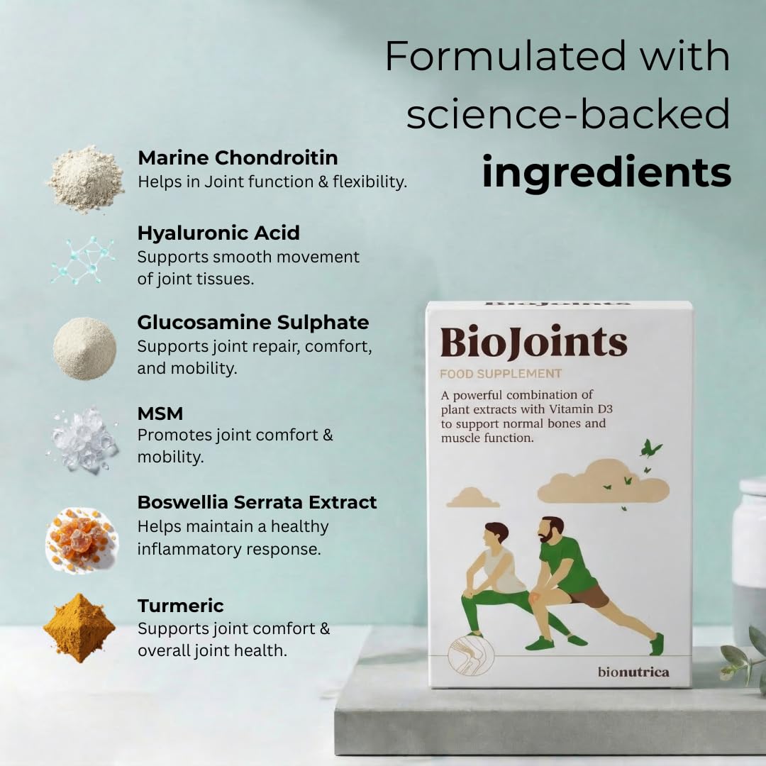 Bionutrica BioJoints- Pack of 3 (60X3=180 Tabs)-A Powerful Combo of Glucosamine, Chondroitin, MSM, hyaluronic Acid, Vitamin D3 & Turmeric for Natural Joint, Bone & Muscle-GMP Certified- 3 Months Supply