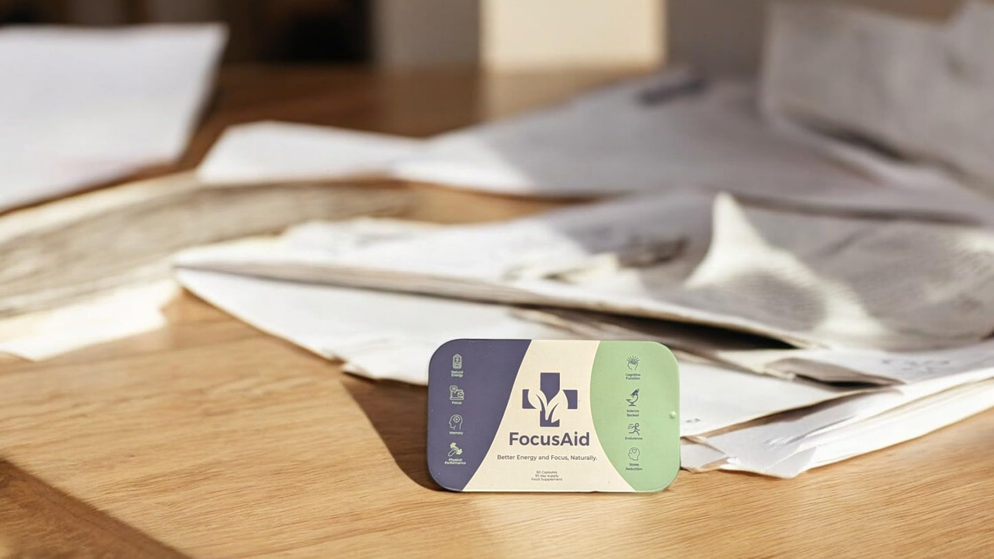 DailyAid FocusAid - Natural Energy Supplement - Nootropics Brain Supplement for Mental Focus & Cognitive Support, Lions Mane Supplement, Caffeine Tablet, Natural Brain Booster - 60 Capsules, Month Supply