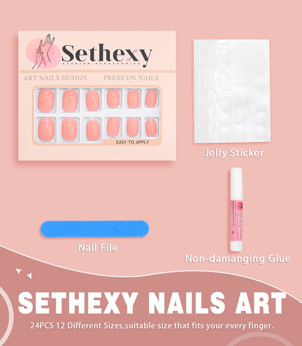 Sethexy Short Square Natural Pink False Nails Glossy Pure Color Collection Press on Nails 24Pcs Full Cover Acrylic Stick on Nails for Women and Girls