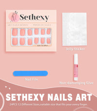 Sethexy Short Square Natural Pink False Nails Glossy Pure Color Collection Press on Nails 24Pcs Full Cover Acrylic Stick on Nails for Women and Girls