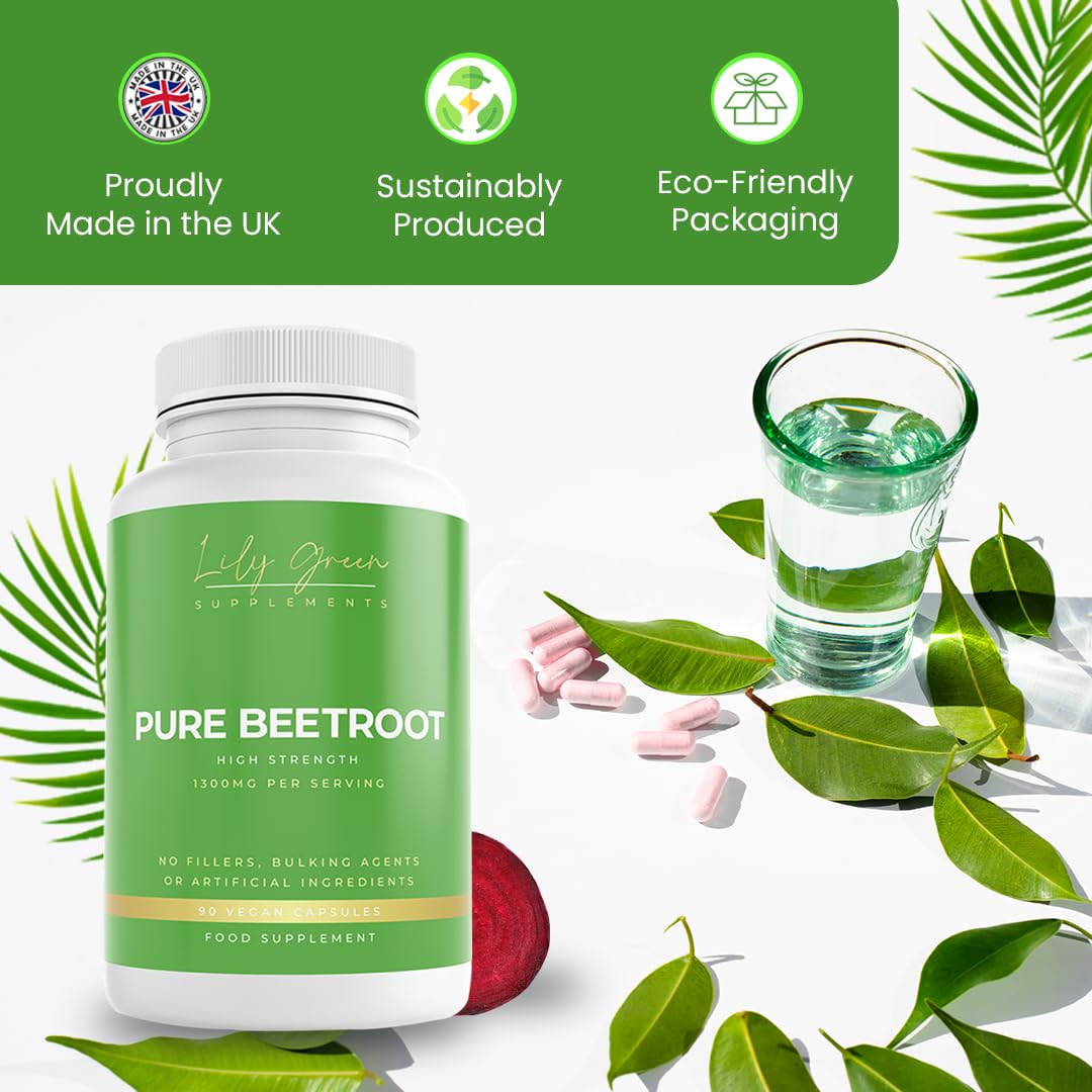 Lily Green Supplements Lily Green Pure Beetroot Capsules | 1300mg Per Serving Beetroot Supplement | Nitric Oxide Boost | Rich in Vitamins & Minerals | Non-GMO, No Artificial Additives | 90 Vegan Capsules | Made in UK