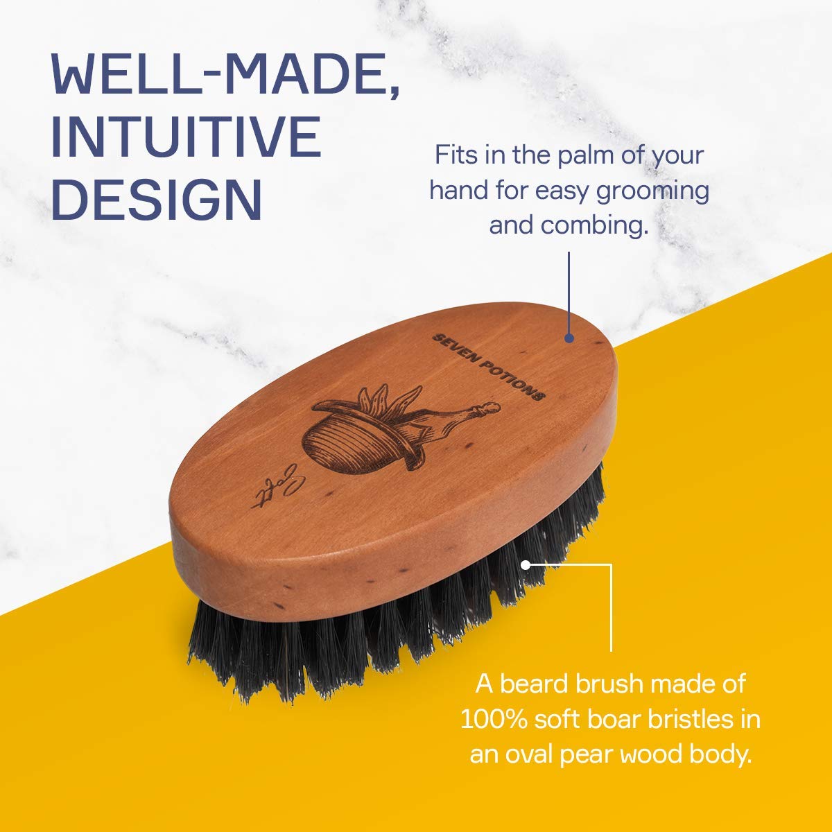SEVEN POTIONS Seven Potions Boar Bristle Beard Brush For Men — Made of Pear Wood with Soft Second-Cut Boar Hair — Soft Bristles To Tame and Soften Your Facial Hair