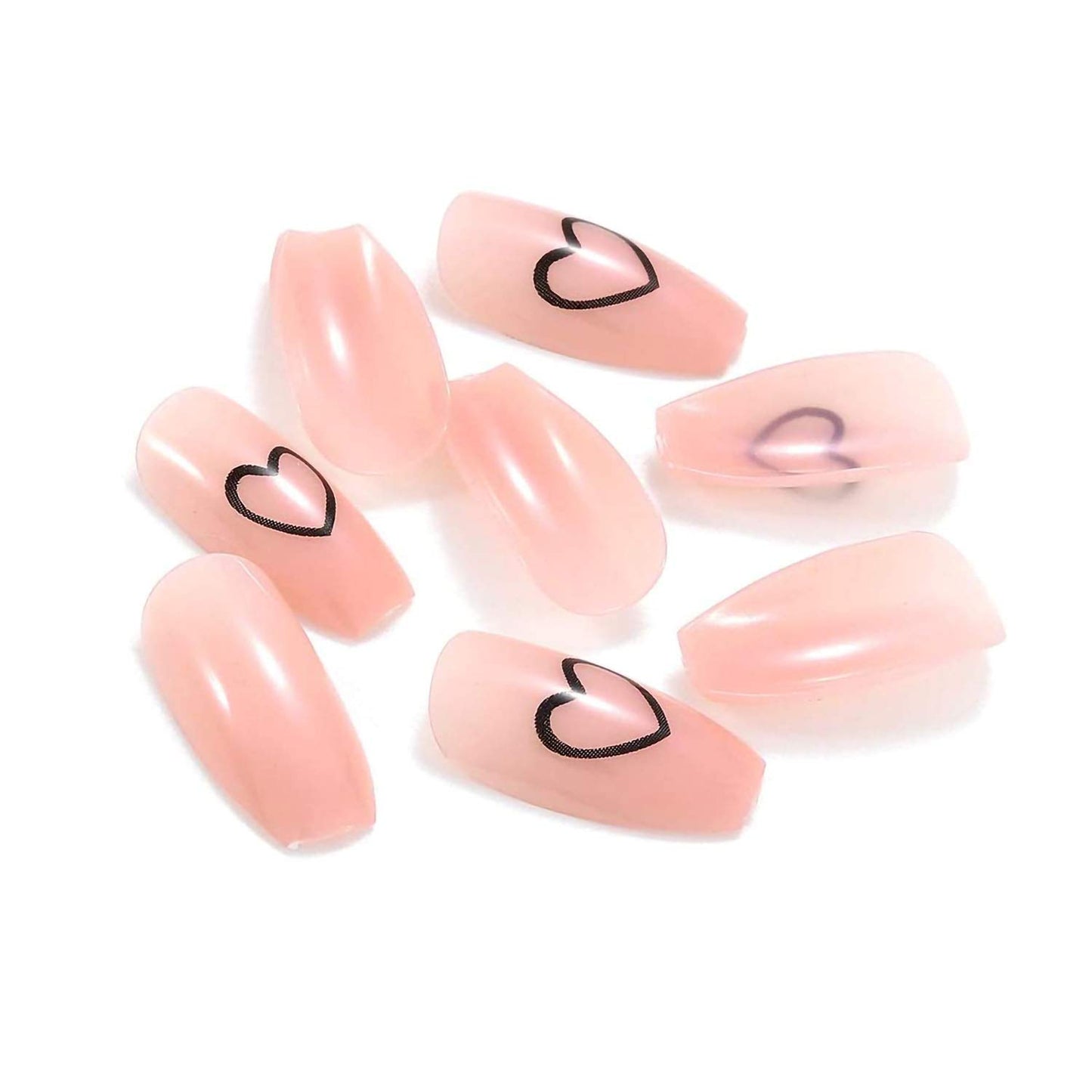 Meschett Nude Pink Heart Press on Nails 24PCS Glossy Full Cover Medium Coffin Artificial Fake Nail Love Style Design Nails for Women and Girls Party Salon