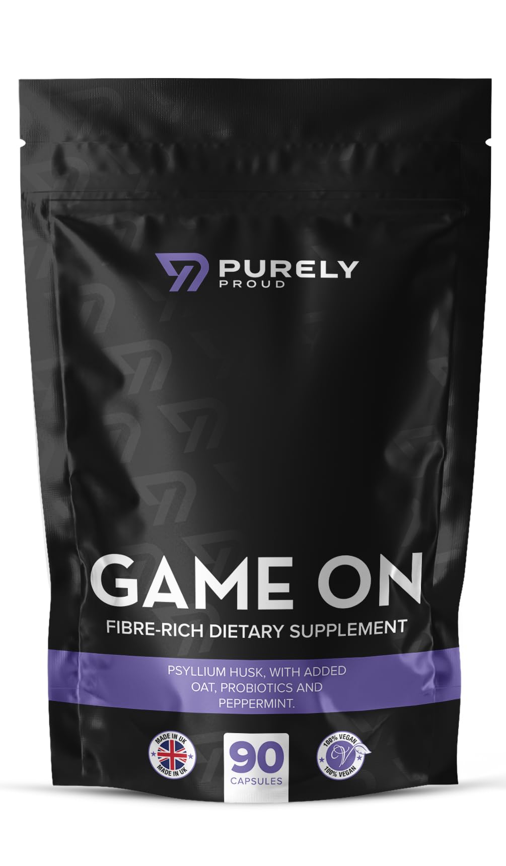 Purely Proud Game ON – Fibre Rich Supplement for Bottoms | Stay Ready with Psyllium Husk, Probiotics, Peppermint | Supports Digestion, Gut Health & Clean Confidence | Vegan | 90 Capsules | Made in UK