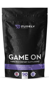 Purely Proud Game ON – Fibre Rich Supplement for Bottoms | Stay Ready with Psyllium Husk, Probiotics, Peppermint | Supports Digestion, Gut Health & Clean Confidence | Vegan | 90 Capsules | Made in UK
