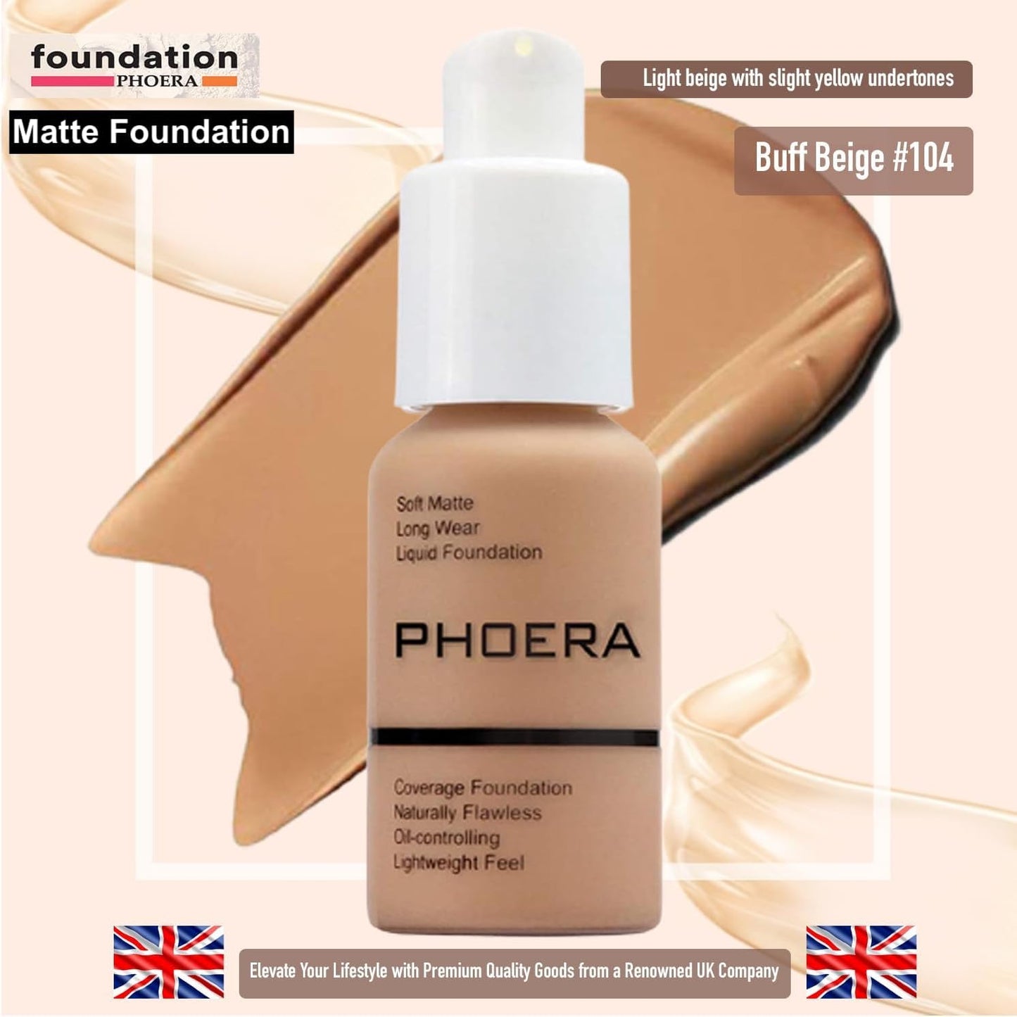 Glamza Phoera Foundation Full Coverage Makeup Set - Includes Nude & Buff Beige 30ml Matte Foundation, 6ml Face Primer & Cool Beige Setting Powder for All Day Wear Without Creasing, Caking, or Flashback