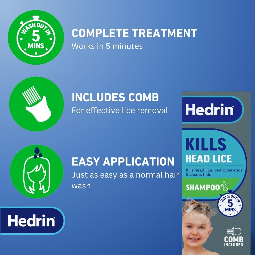Hedrin Head Lice Shampoo and Comb Kit, Kills Head Lice and Eggs in 5 Minutes, 8 Treatments, Clinically Tested, Suitable for Adults and Children, 200ml, (Formerly All-in-One - Packaging May Vary)