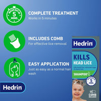 Hedrin Head Lice Shampoo and Comb Kit, Kills Head Lice and Eggs in 5 Minutes, 8 Treatments, Clinically Tested, Suitable for Adults and Children, 200ml, (Formerly All-in-One - Packaging May Vary)