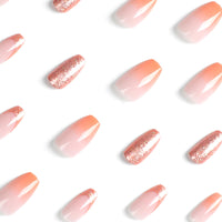 Ceboic 24Pcs French False Nails Coffin Press on Nails Medium Length Orange Gradient Glue on Nails Pink Glitter Design Acrylic Full Cover Reusable Stick on Nails for Women and Girls