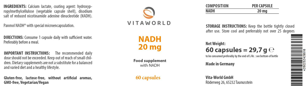 Vita World Vita world NADH 20mg 60 Capsules l with Patented PANMOL® NADH – a Special microencapsulation l Vegan l enteric-Coated