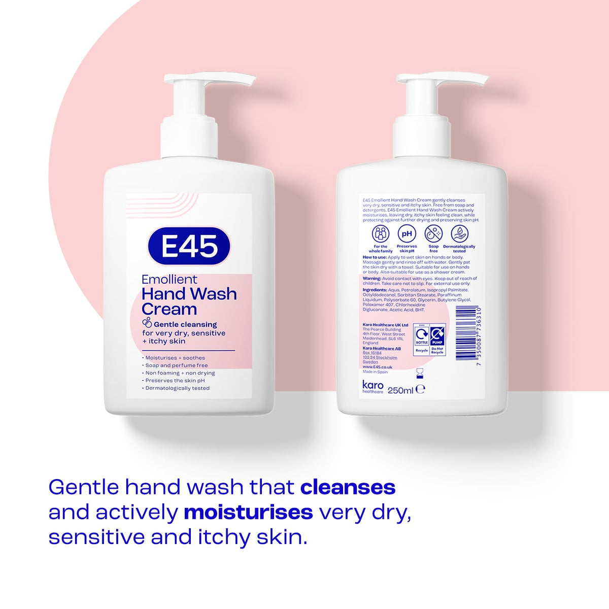 E45 Hand and Body Wash Cream - Relieve Dry, Itchy & Irritated Eczema Prone Skin - 250ml - Gently Cleanses Very Dry and Sensitive Skin - Dermatological Soap Free Emollient