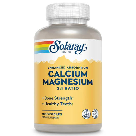 SOLARAY Calcium Magnesium Supplement, Magnesium & Calcium Supplements for Women and Men, 2:1 Ratio, Bone Health & Strength, Vegan, High Absorption, 60-Day Guarantee, 45 Servings, 180 VegCaps