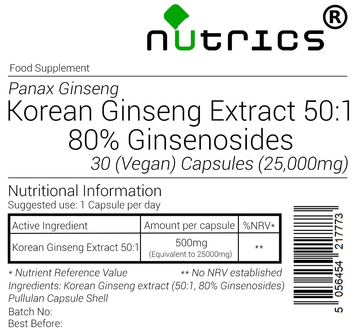 Nutrics® 25,000mg Korean Ginseng Capsules 50:1 80% Ginsensides Strong Panax 100% Pure Strong V Capsules - Suitable for Vegan Vegetarian Halal & Kosher Diet- 30 Capsules (1 Month Supply)