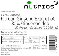 Nutrics® 25,000mg Korean Ginseng Capsules 50:1 80% Ginsensides Strong Panax 100% Pure Strong V Capsules - Suitable for Vegan Vegetarian Halal & Kosher Diet- 30 Capsules (1 Month Supply)