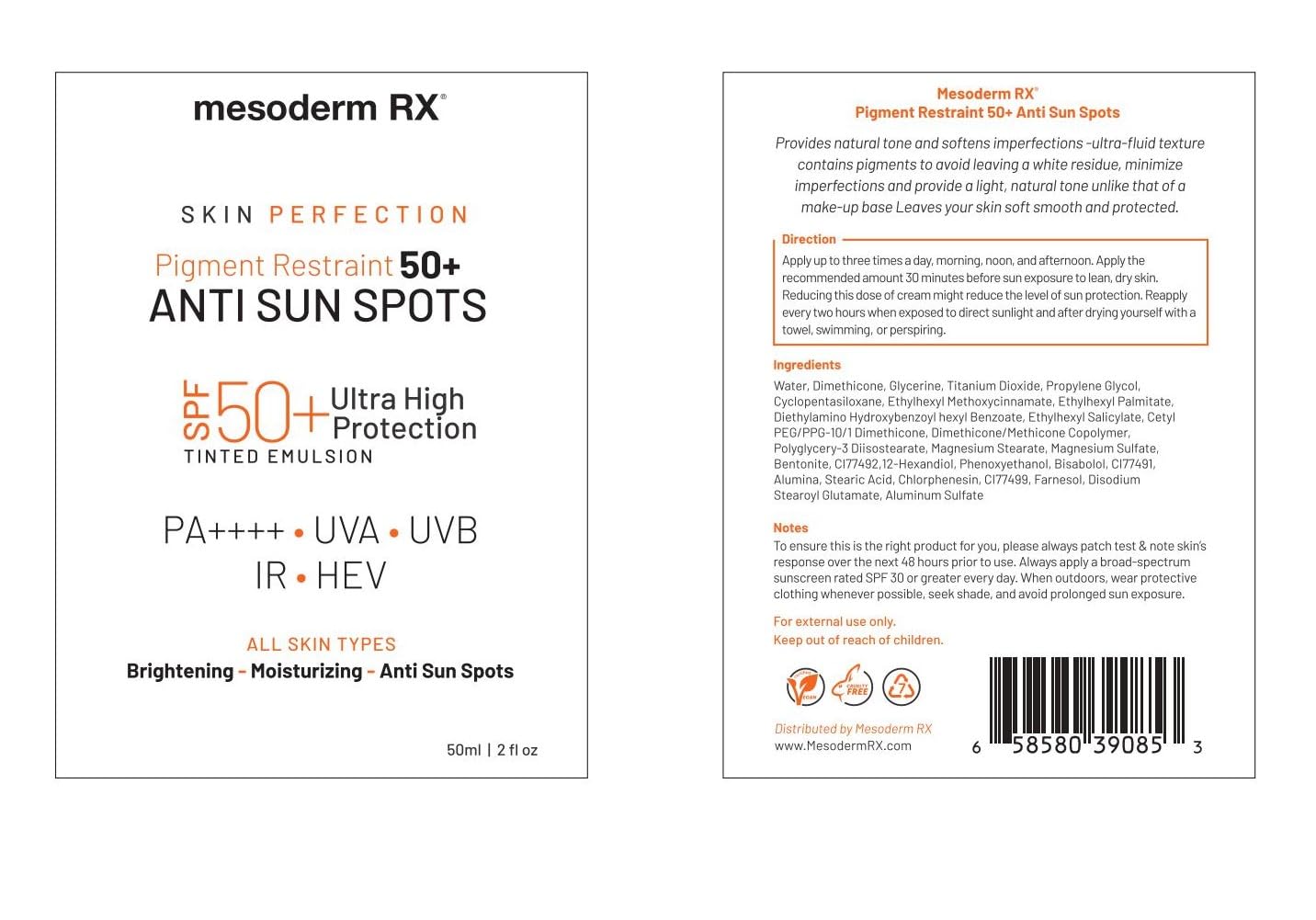 Mesoderm RX Pigment Restraint 50+ Anti Sun Spots, Protect and Nourish Face, Neck, Hands, 50ml