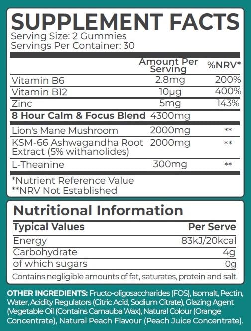 8 Hour Sleepwell 8 HOUR SLEEPWELL – 60 Sugar Free Calm & Focus Gummies – High Strength 4300mg - Peach Flavour - Lion’s Mane Mushroom, Ashwagandha KSM 66, L-Theanine for Stress Relief, Memory and Focus - Vegan