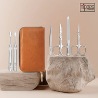 nippes Solingen Nippes Solingen Nippes Premium Line Manicure Set 6 Pieces Stainless Steel Rust and Nickel Genuine Cowhide Leather Case with Zip Fastener Brown