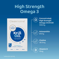 Cleanmarine Krill Oil - Packed with EPA & DHA - Omega 3 with Added Astaxanthin and Choline - Vitamin D - Heart, Eye & Brain Health - Joint & Immune Support - 120 Capsules - Softgels