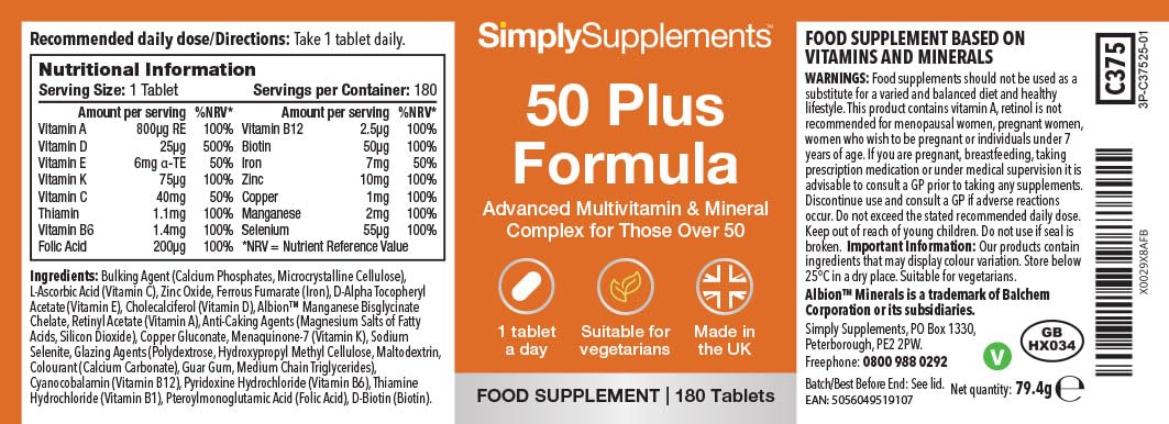 Simply Supplements A to Z Multivitamins & Minerals for Individuals Aged 50 Plus | Supports Brain Health, Energy Levels, and Immunity | Vegetarian | 360 Easy-to-Take Tablets = 12 Months’ Supply | Made in The UK