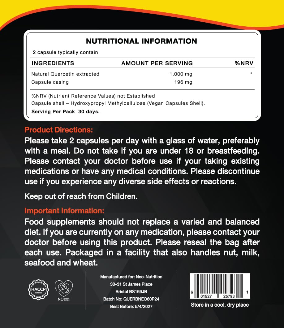 NEO-NUTRITION Pure Organic Quercetin - High Potency Quercetin Supplement for Antioxidant Support - Organic Quercitin Antioxidant Supplements for Immune Health & Energy Boost