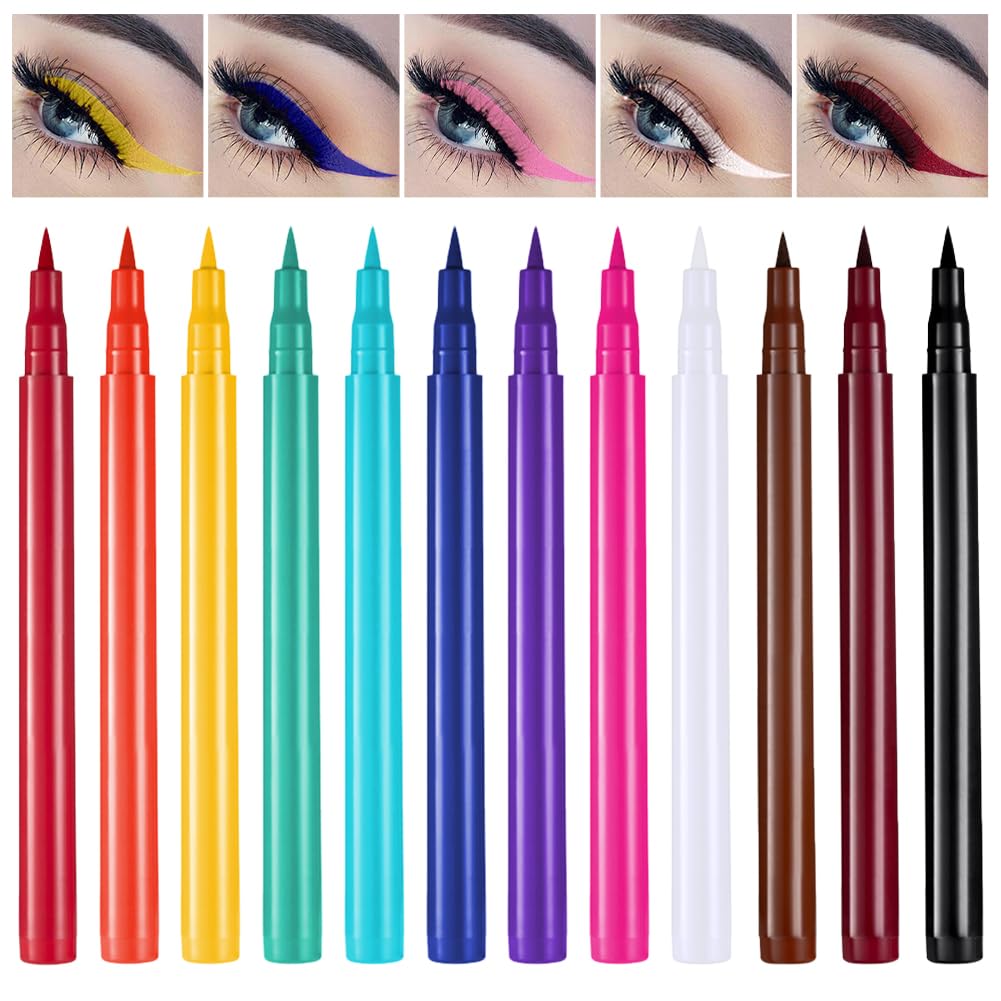LOPHE 12 Coloured Liquid Eyeliner Set, Rainbow Colorful Eyeliner Pencil, Matte Eyeliner Pencil, Long-lasting & Waterproof, Smudge-Proof Eye Liners, Suitable for Christmas And Masquerade Makeup
