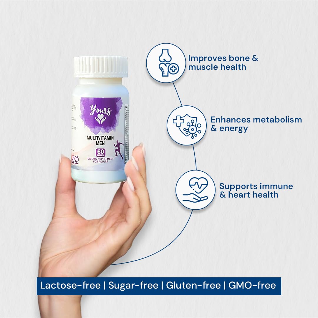 YOURS Yours Multivitamin Men Formulated Specifically for Men, Vitamin D3, Vitamin A, C, Iron and Biotin Support Metabolism, Healthy Skin, Improve Bone Health, for Healthy Hair, 60 Tablets, 02 Month Supply.