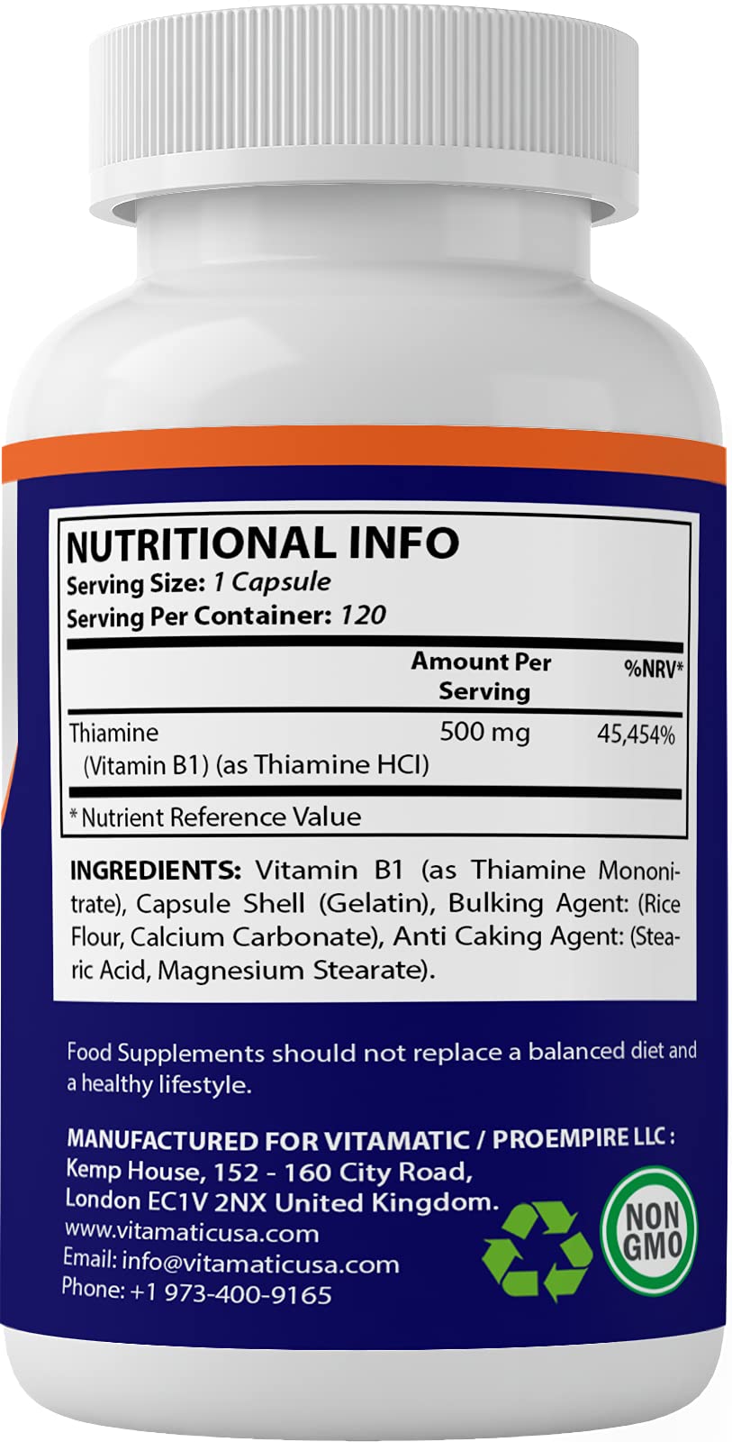 Vitamatic Vitamin B1 500mg as Thiamin - Helps Maintain a Healthy Nervous System, (120 Capsules)