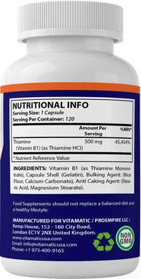 Vitamatic Vitamin B1 500mg as Thiamin - Helps Maintain a Healthy Nervous System, (120 Capsules)
