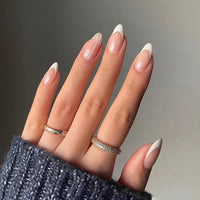 Albiuev 24PCS Short False Nails with Glue Stickers,Almond Full Cover Acrylic Press on Nails no Glue, White Simple Flower French Fake Nails for Women and Girls Nail Art.