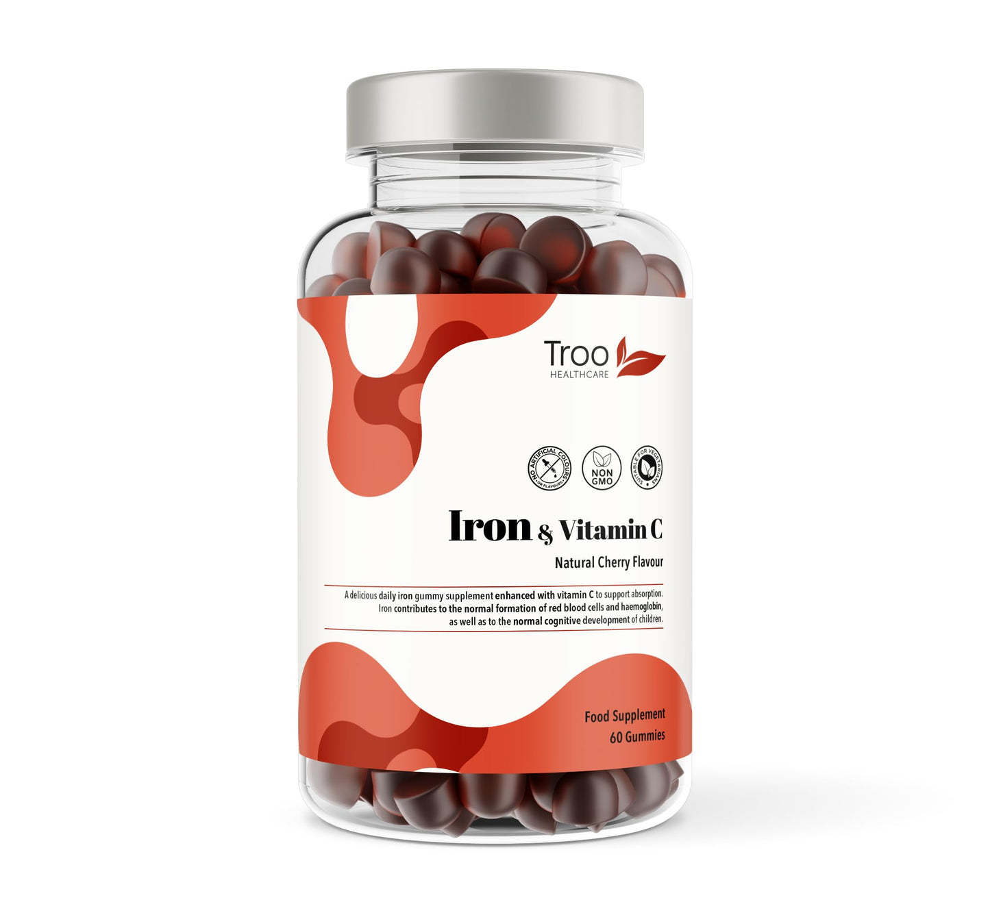 Troo Health Care Iron & Vitamin C - 60 Natural Cherry Flavour Gummies - Tasty Chewable Supplement for Men, Women and Kids - Increased Absorption Supports Cognitive Development & Red Blood Cell Formation