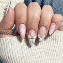 Nymora 24PCS Blue White Press On Nails, 3D Flower & Pearl Design for Summer, Medium False Nails Blue White French Lace