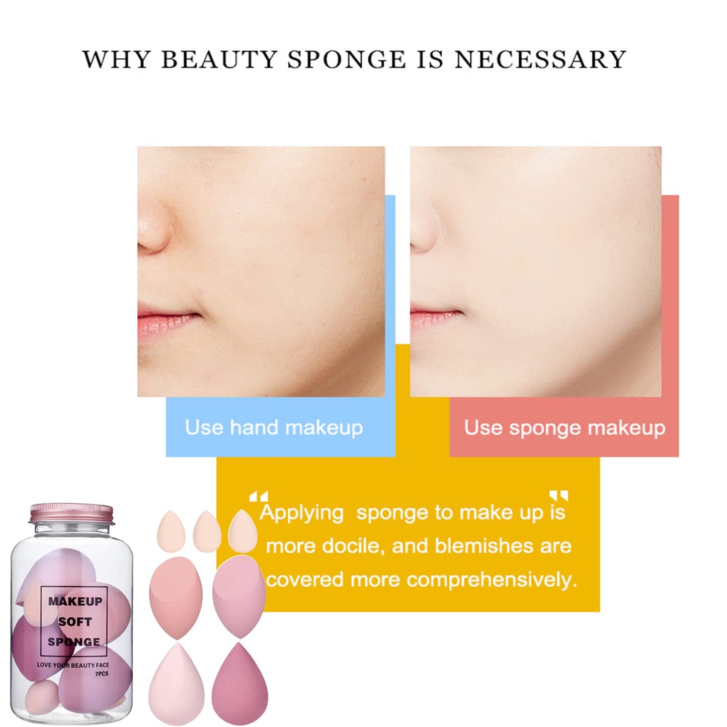 VAVOLO 7 PCs Pink Series Multi-color Makeup Sponge Set, Foundation Blending Beauty Blender, Flawless for Liquid Creams and Powders (A-Pink)