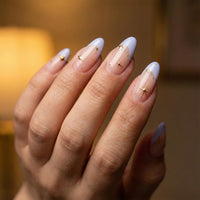 Generic Twilight Sky Lavender French Almond Nail Tips With Gold Star Accents - Short Glossy High-Shine Artificial Manicure Set For Elegant Women Includes Application Tools, Premium Acrylic False Nails